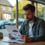 Homme en jeans lit un guide d'achat voiture dans un salon