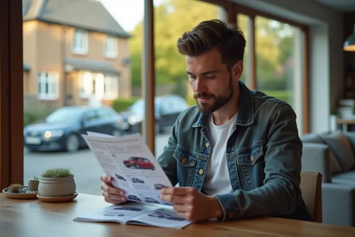 Homme en jeans lit un guide d'achat voiture dans un salon