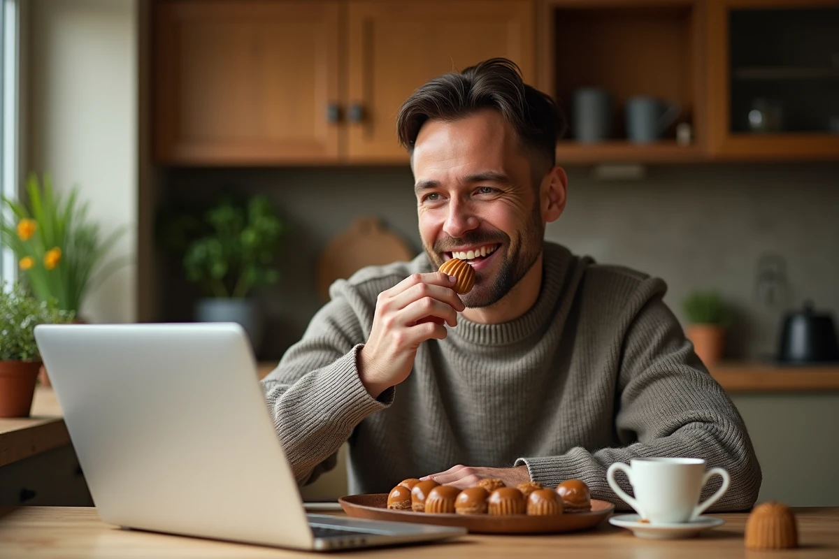 Homme dégustant un caramel dans sa cuisine chaleureuse