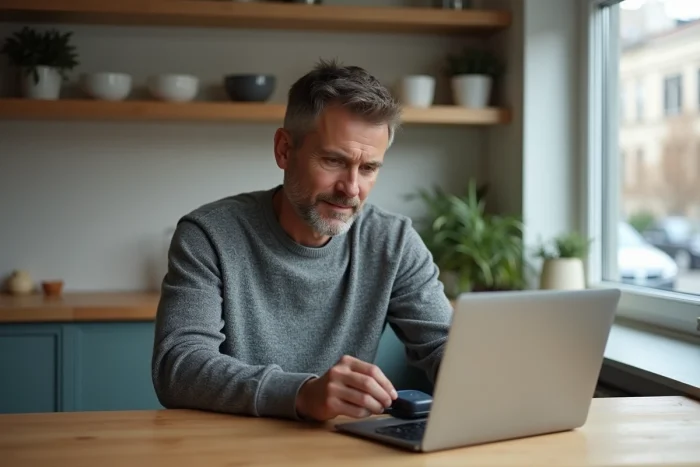 Homme utilisant une carte bancaire Crédit Agricole pour effectuer un paiement en ligne depuis son domicile