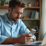 Homme frustré consultant son application bancaire et Revolut sur smartphone et ordinateur portable pour résoudre un problème de virement
