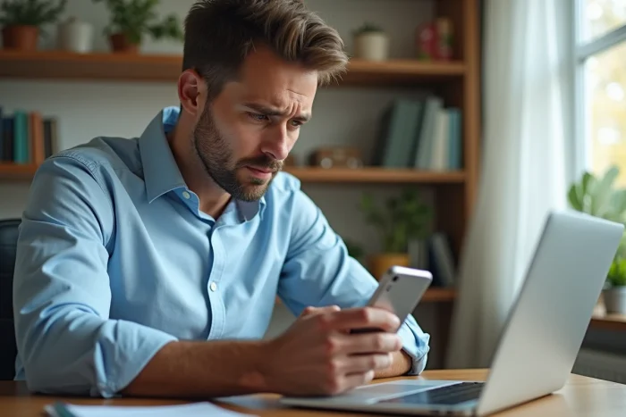 Homme frustré consultant son application bancaire et Revolut sur smartphone et ordinateur portable pour résoudre un problème de virement