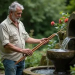 Homme d'âge moyen utilisant des baguettes de radiesthésie dans un jardin