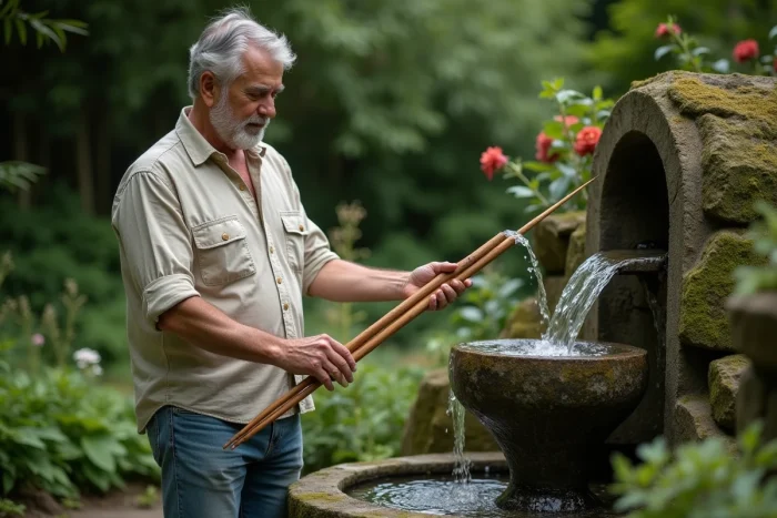 Homme d'âge moyen utilisant des baguettes de radiesthésie dans un jardin