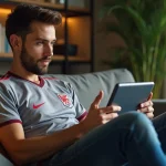 Jeune homme regardant un match de football sur une tablette dans un salon