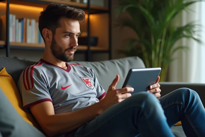 Jeune homme regardant un match de football sur une tablette dans un salon