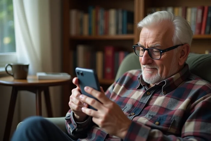 Homme senior avec lunettes utilisant WhatsApp sur téléphone Doro dans un salon