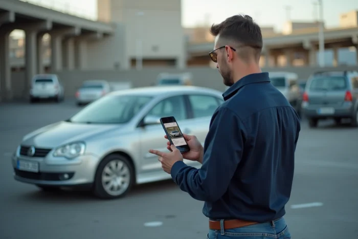 Homme inspectant une voiture d'occasion trouvée via une petite annonce en ligne dans un parking