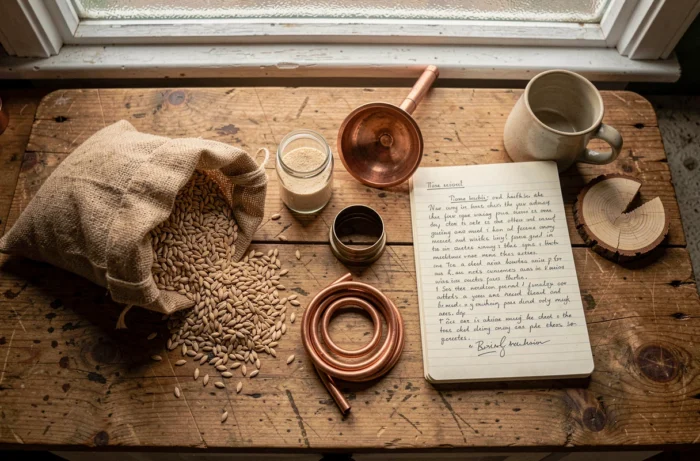 Vue aérienne des ingrédients et outils pour fabriquer son propre whisky maison : orge maltée, levure, entonnoir en cuivre et carnet de recettes