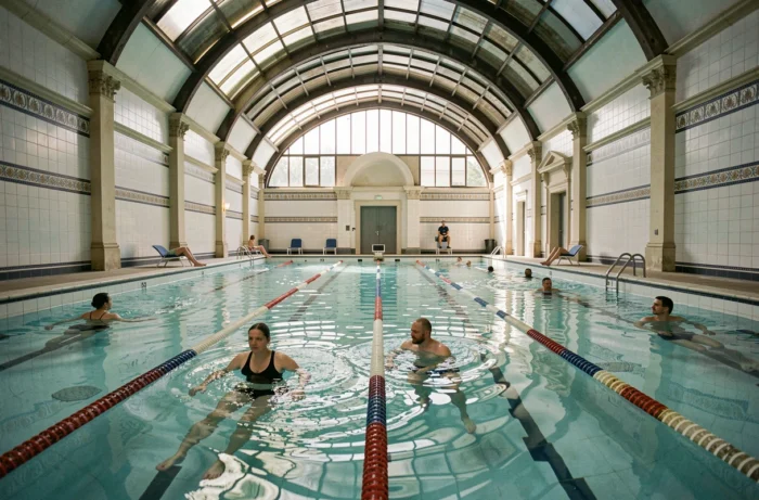 Intérieur de la piscine de la Butte aux Cailles avec son grand bassin aux eaux turquoise, plafond voûté en verre et nageurs dans les couloirs