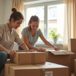 Jeune couple emballant des meubles d'occasion dans un appartement lumineux