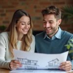 Jeune couple souriant examinant des plans de maison dans un salon cosy
