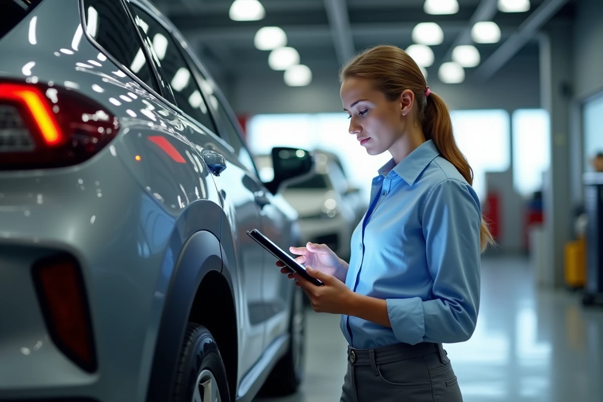 Jeune femme ingénieure inspectant un véhicule hybride dans un garage