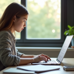 Jeune étudiant travaillant à son bureau avec un ordinateur portable
