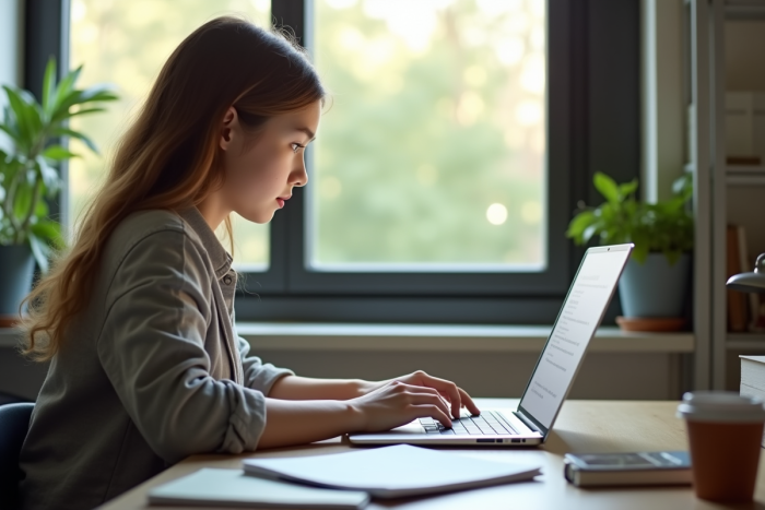 Jeune étudiant travaillant à son bureau avec un ordinateur portable