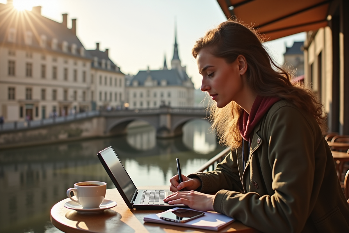 Jeune étudiant travaillant sur une tablette à un café à Orléans