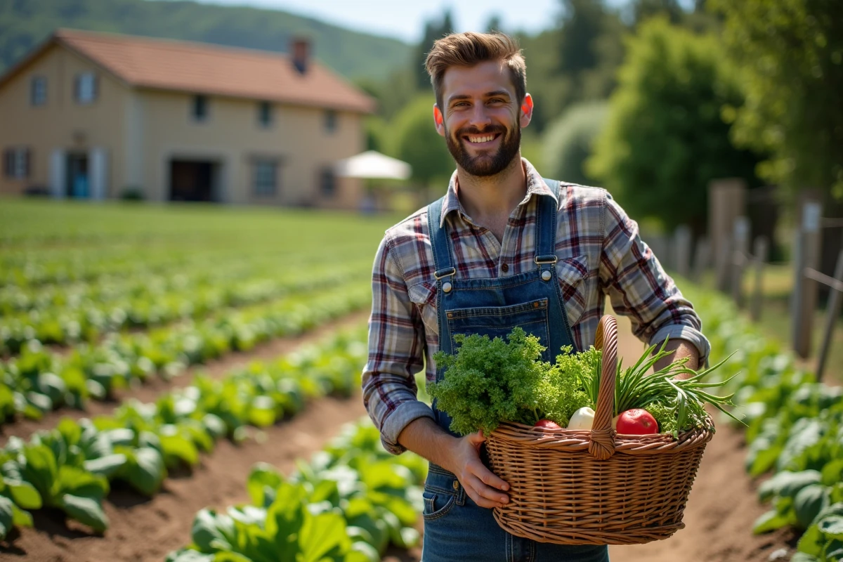 Jeune fermier français tenant panier de légumes dans le jardin