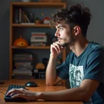 Jeune homme concentré devant son ordinateur dans une chambre cosy