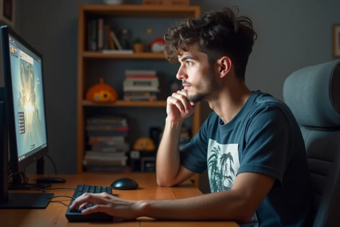 Jeune homme concentré devant son ordinateur dans une chambre cosy