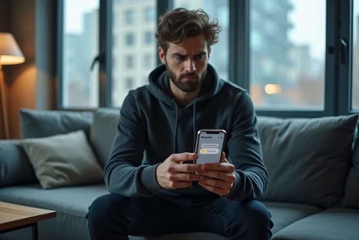 Jeune homme vérifiant une transaction bloquée sur l'application Revolut depuis son canapé à la maison