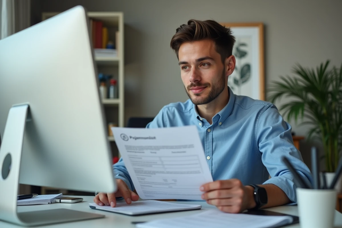 Jeune homme travaillant sur un ordinateur avec un document Pajemploi