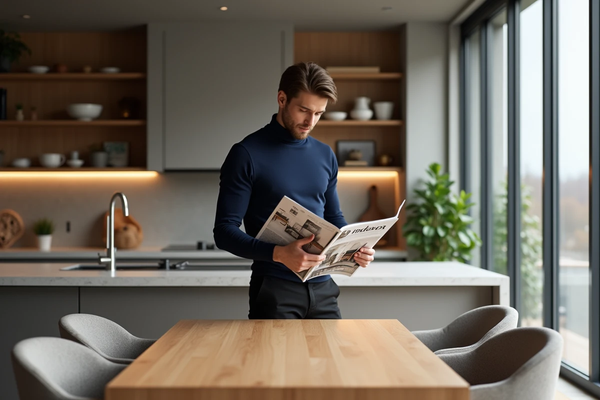 Jeune homme regardant un magazine de design dans la cuisine