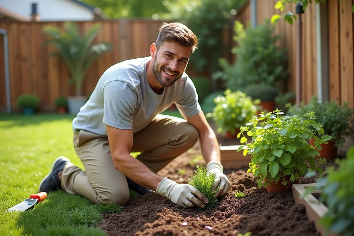 Jeune homme plantant des herbes dans son jardin