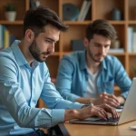 Jeune homme répare un ordinateur portable moderne dans un bureau cosy
