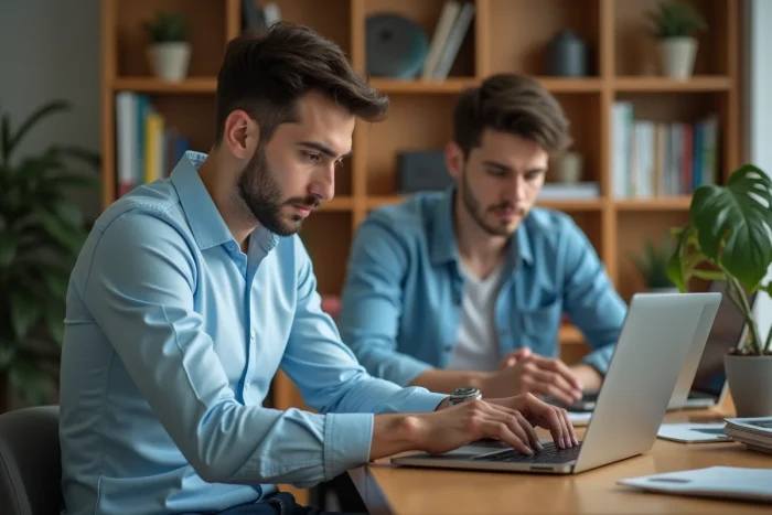 Jeune homme répare un ordinateur portable moderne dans un bureau cosy