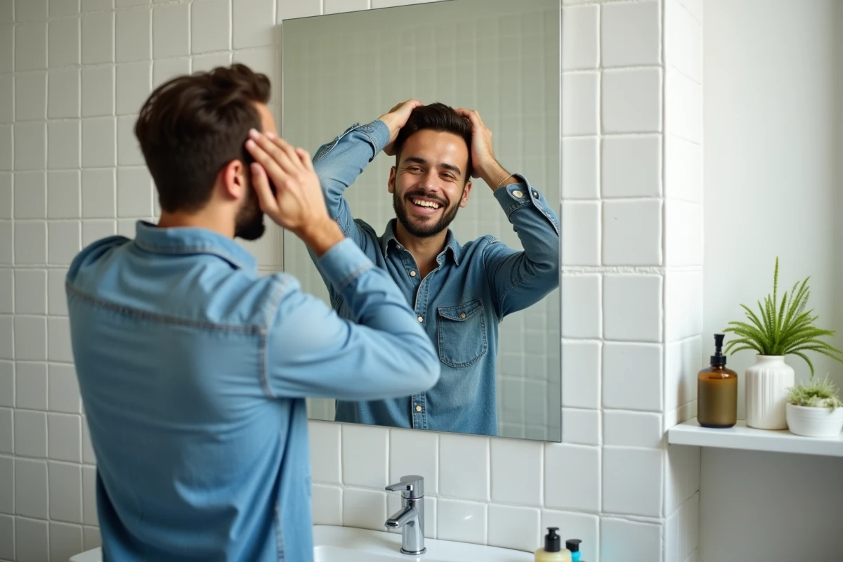 Jeune homme vérifiant son cuir chevelu dans sa salle de bain