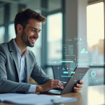 Jeune professionnel souriant utilisant une tablette pour l'assurance