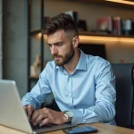 Jeune homme professionnel consulte actualités tech sur ordinateur
