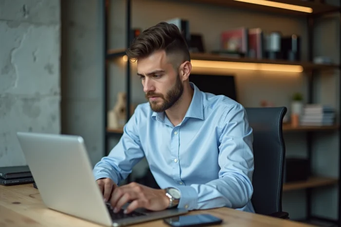 Jeune homme professionnel consulte actualités tech sur ordinateur