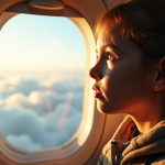 Jeune voyageur regardant par la fenetre d avion avec mer et nuages