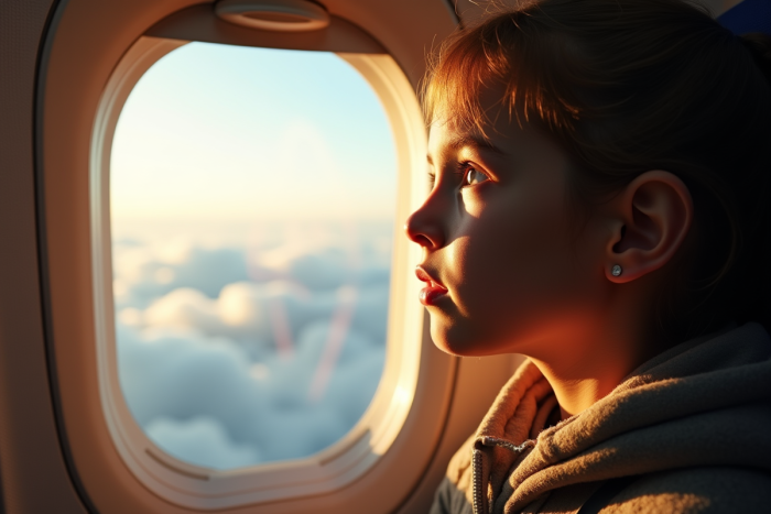 Jeune voyageur regardant par la fenetre d avion avec mer et nuages