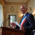 Maire portant l'écharpe tricolore prononçant un discours lors d'une cérémonie de mariage civil dans une salle de mairie ornée