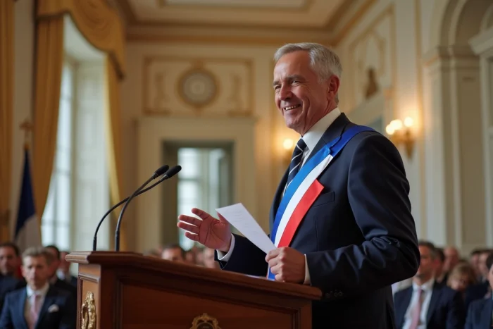 Maire portant l'écharpe tricolore prononçant un discours lors d'une cérémonie de mariage civil dans une salle de mairie ornée