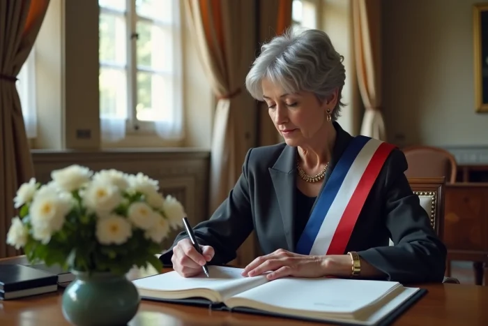 Mairesse relisant ses notes de discours à la table de cérémonie avant un mariage civil dans une mairie française