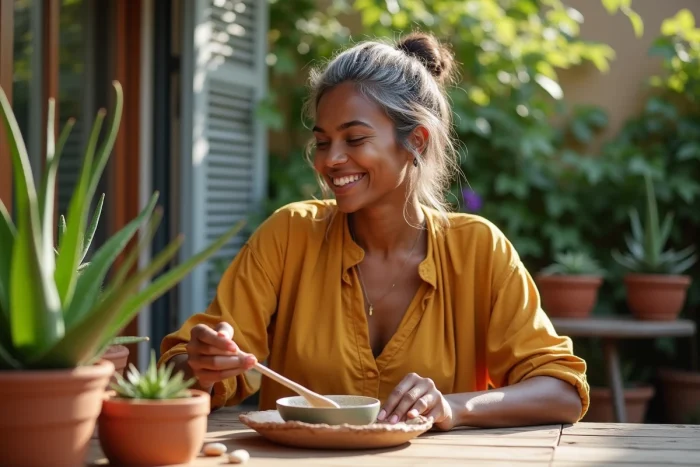 Femme aux cheveux naturels grisonnants préparant un masque visage à l'argile sur une terrasse entourée de plantes d'aloe vera