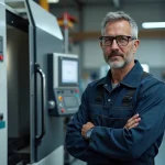 Mécanicien homme en overalls près d'une machine CNC moderne