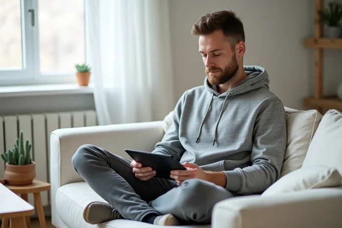 Homme consultant la messagerie académique de Strasbourg sur une tablette depuis son salon à la maison