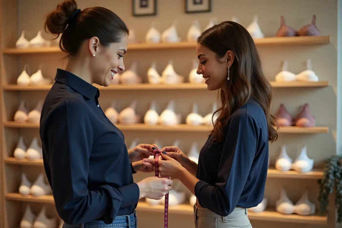 Vendeuse prenant les mesures d'une cliente pour déterminer sa taille de soutien-gorge en boutique