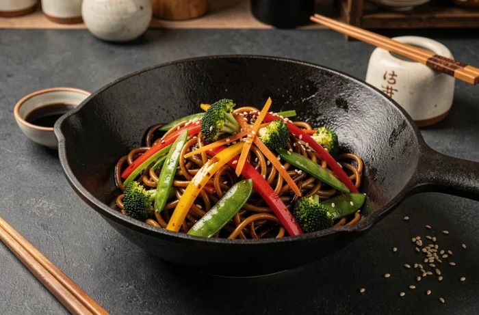 Nouilles sautées aux légumes colorés nappées d'une sauce soja brillante