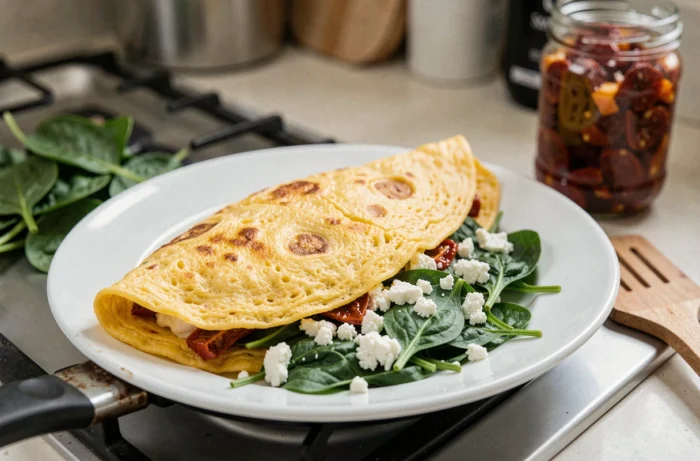 Omelette dorée aux épinards frais, feta émiettée et tomates séchées