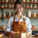 Jeune femme emballant des caramels artisanaux dans une patisserie chaleureuse