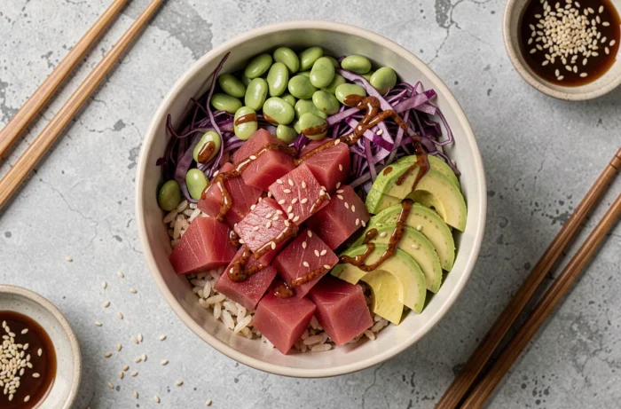Poke bowl au thon cru avec riz complet, edamame et avocat tranché