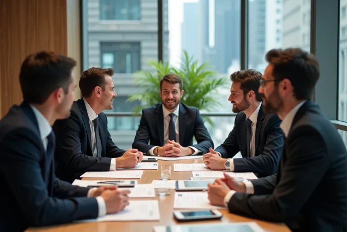 Groupe de professionnels en réunion lors d'une conférence urbaine