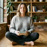 Femme en train de méditer avec un journal personnel, illustrant la résilience et les traits de personnalité au quotidien