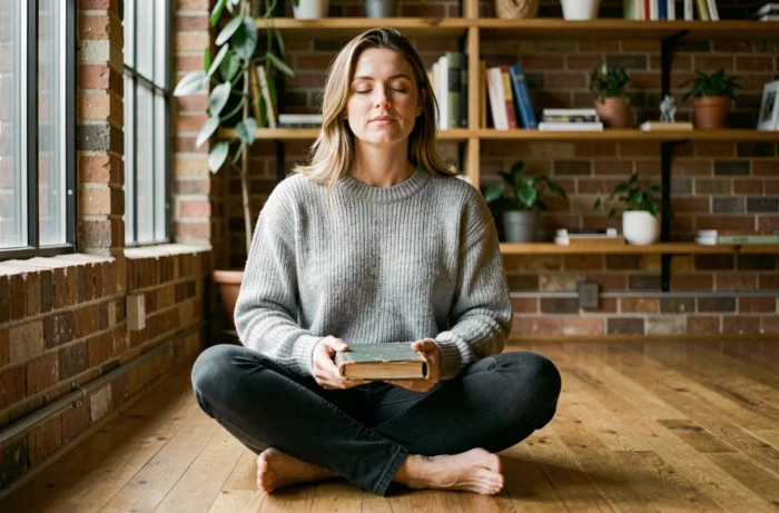 Femme en train de méditer avec un journal personnel, illustrant la résilience et les traits de personnalité au quotidien