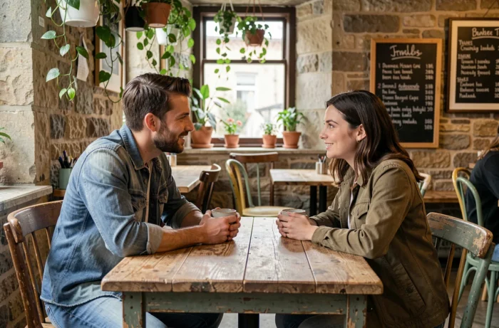 Deux amis en conversation dans un café, illustrant le soutien social et son influence sur la résilience et les traits de personnalité